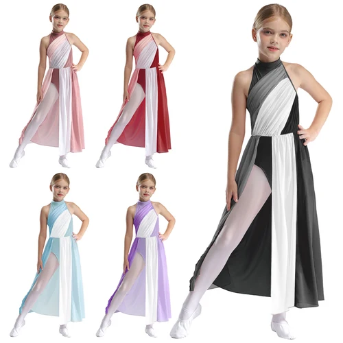 Imagen 2 del producto Vestido de gimnasia y Ballet para niñas, vestido Maxi con abertura en la espalda y ojo de cerradura para danza lírica, trajes de escenario de patinaje contemporáneo moderno