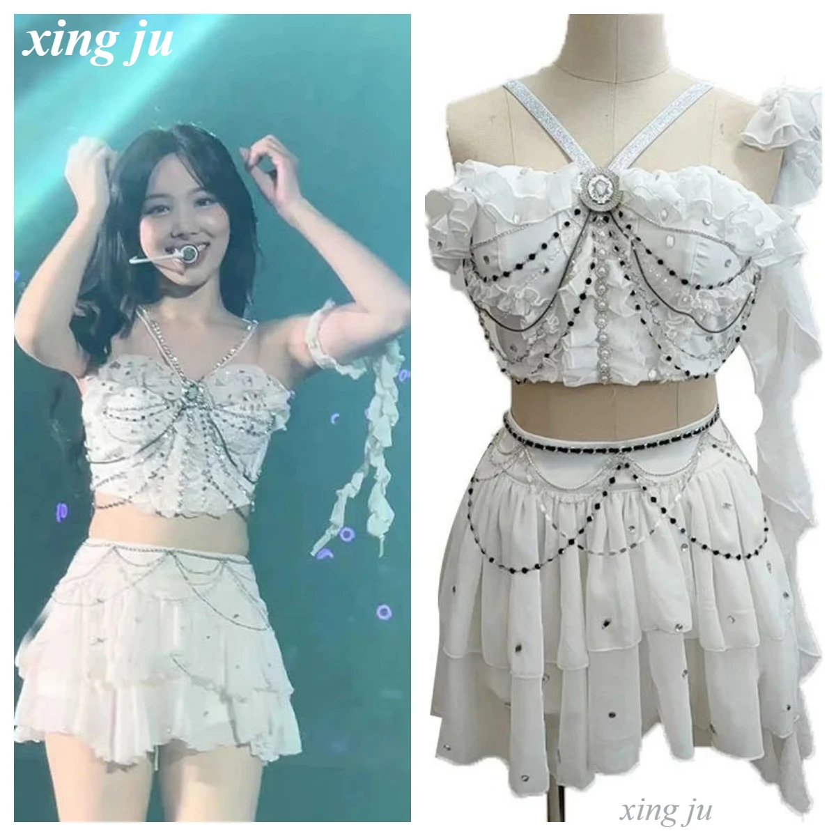 

Костюм для выступлений Xing Ju: Сексуальный укороченный топ на бретельках и асимметричная юбка для джазовых танцовщиц, певиц, K-pop сценических выступлений