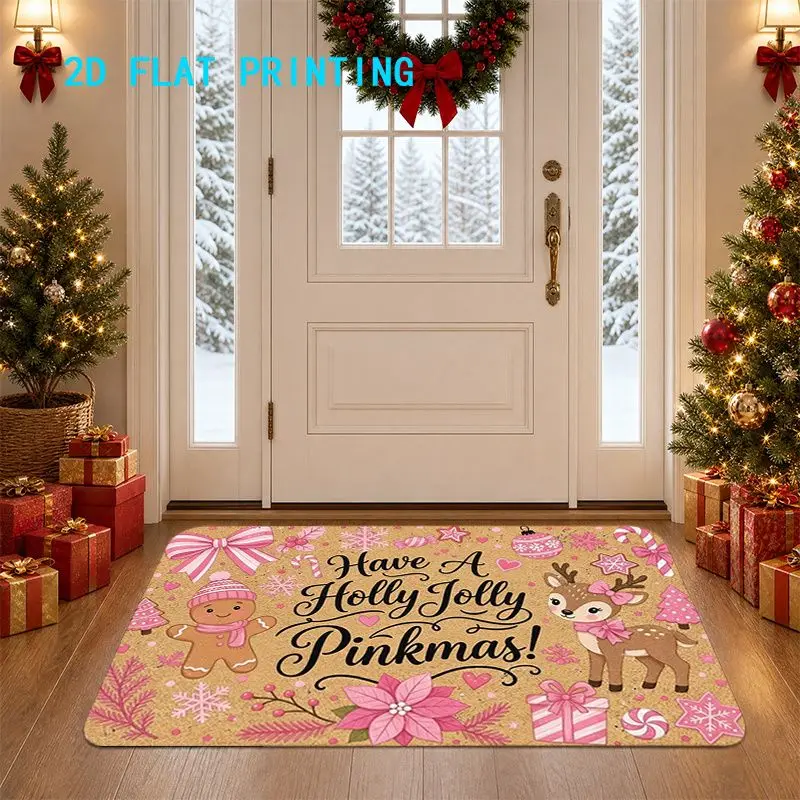VIKAMA Pinkmas Welcome Doormat Holly Jolly Pink Reindeer Gingerbread Skid Resistant Entry Floor Rug Seasonal Xmas Decor Machine