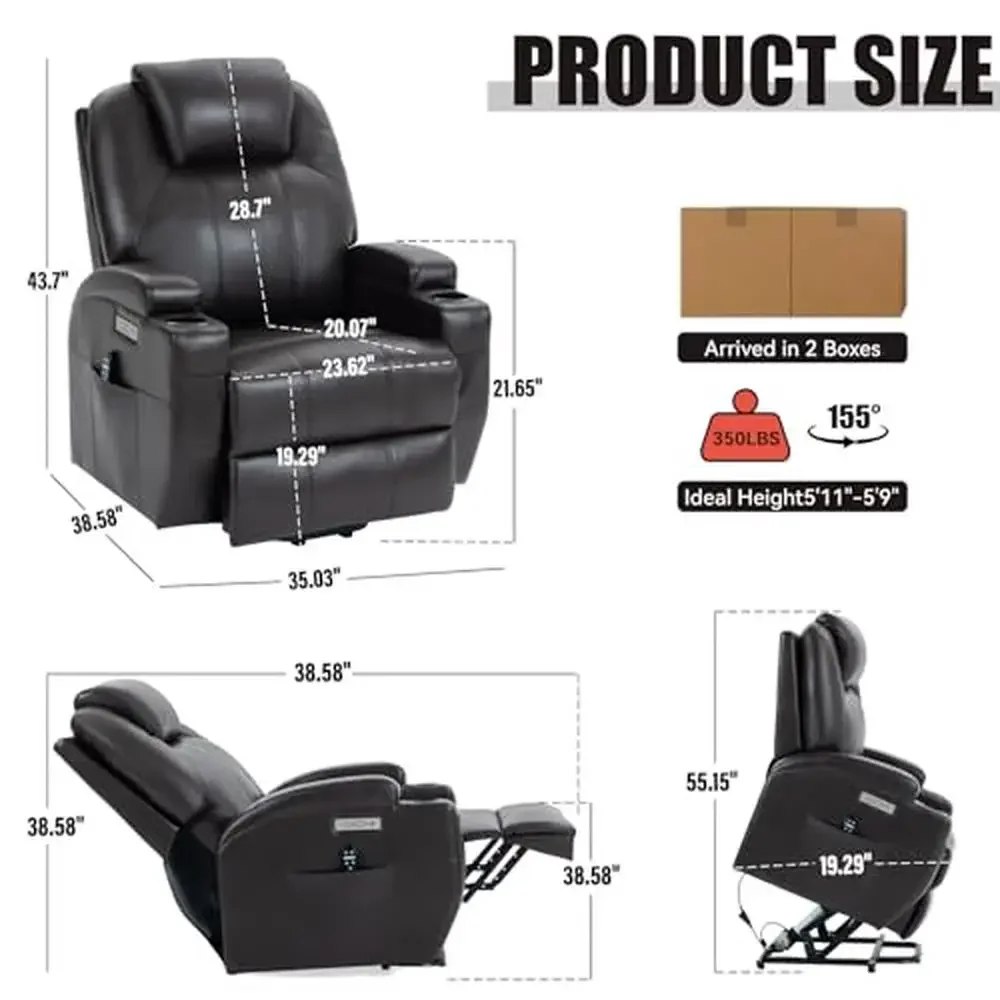 Electric Power Lift Recliner Chair PU Leather with Massage Heating USB Ports Cup Holders Wing Back Adjustable Lumbar Height