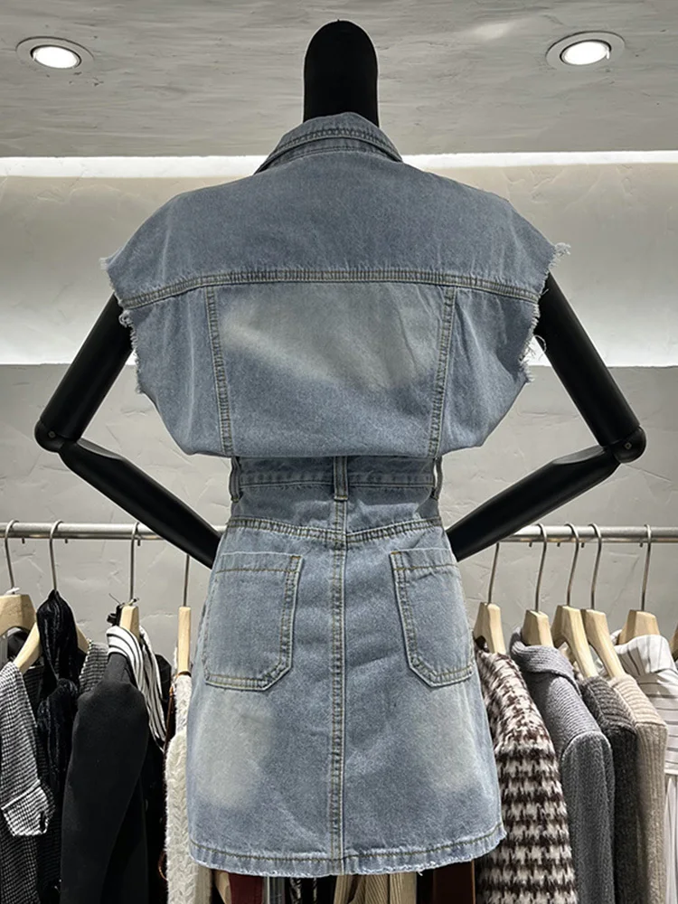 Abito corto in Denim retrò e alla moda per abiti da camicia in Denim dal Design Slim Fit monopetto con risvolto estivo da donna