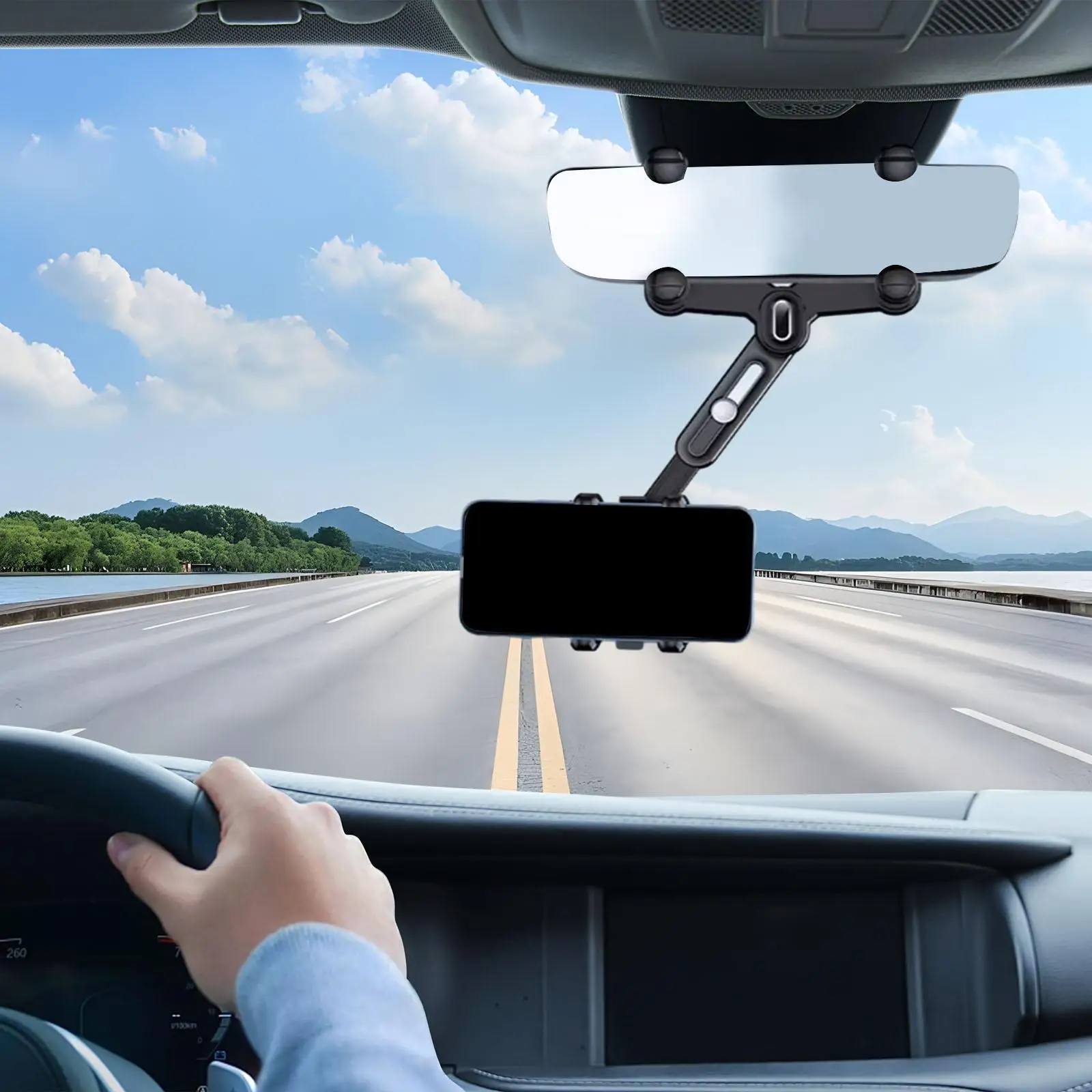 Rear View Mirror Car Phone Mount Multifunctional Car Interior Accessories 360 Degree Rotation Adjustable Clip Smartphone Bracket