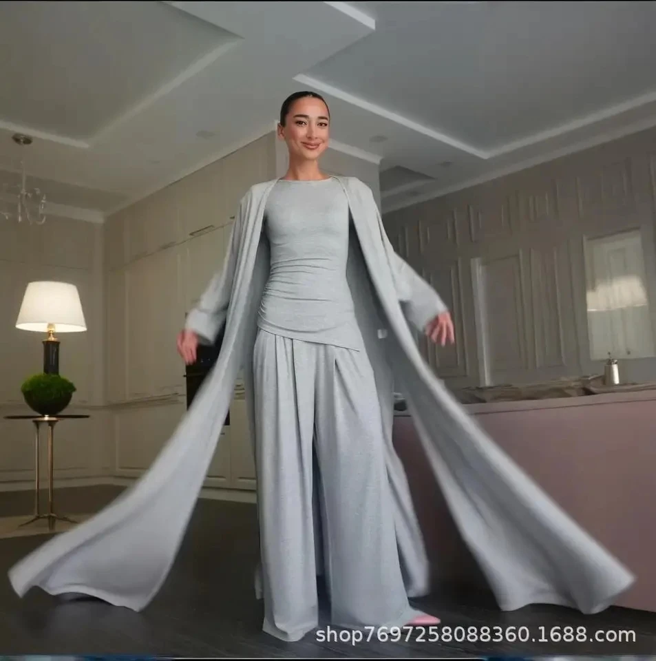 

2026 Spring Autumn New Long Cardigan Coat Round Neck Tank Top Wide Leg Pants Casual Three Piece Women