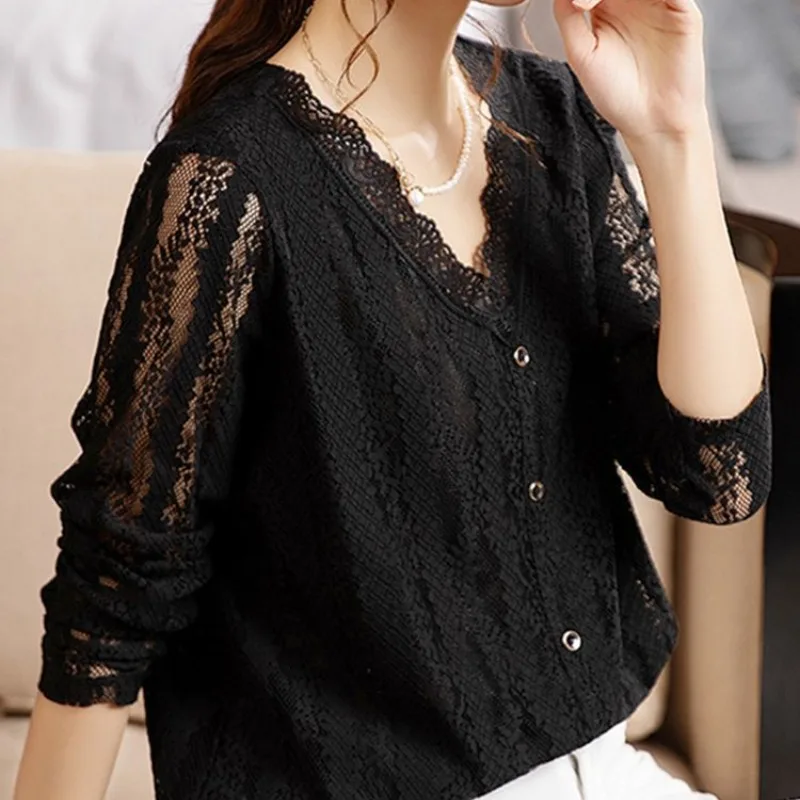 Lace Women\'s 2024 Spring and Autumn Pullover V-neck Patchwork Button Stylish Pure Color Casual Elegant Chiffon Long Sleeved Tops