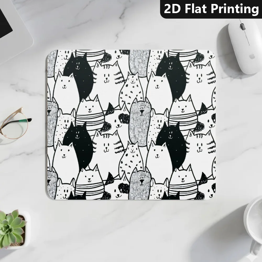 Small Mouse Pad, Non-slip, Stitched Edges, B&W Doodle Cat Stack Print, Mat for Office & Gaming