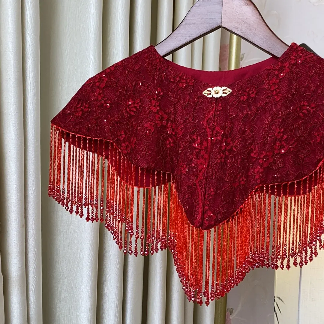 Handmade Women Chinese Style Wine Red Lace Shawl Beaded Tassel Capelet Versatile Qipao Shoulder Wrap For Wedding Banquet Events