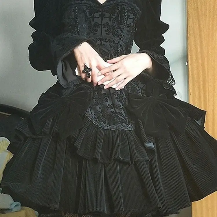 Vestido lolita estilo gótico para mulheres, preto, lolita, estilo chinês, comprimento total, princesa, escuro, diário, novo, inverno