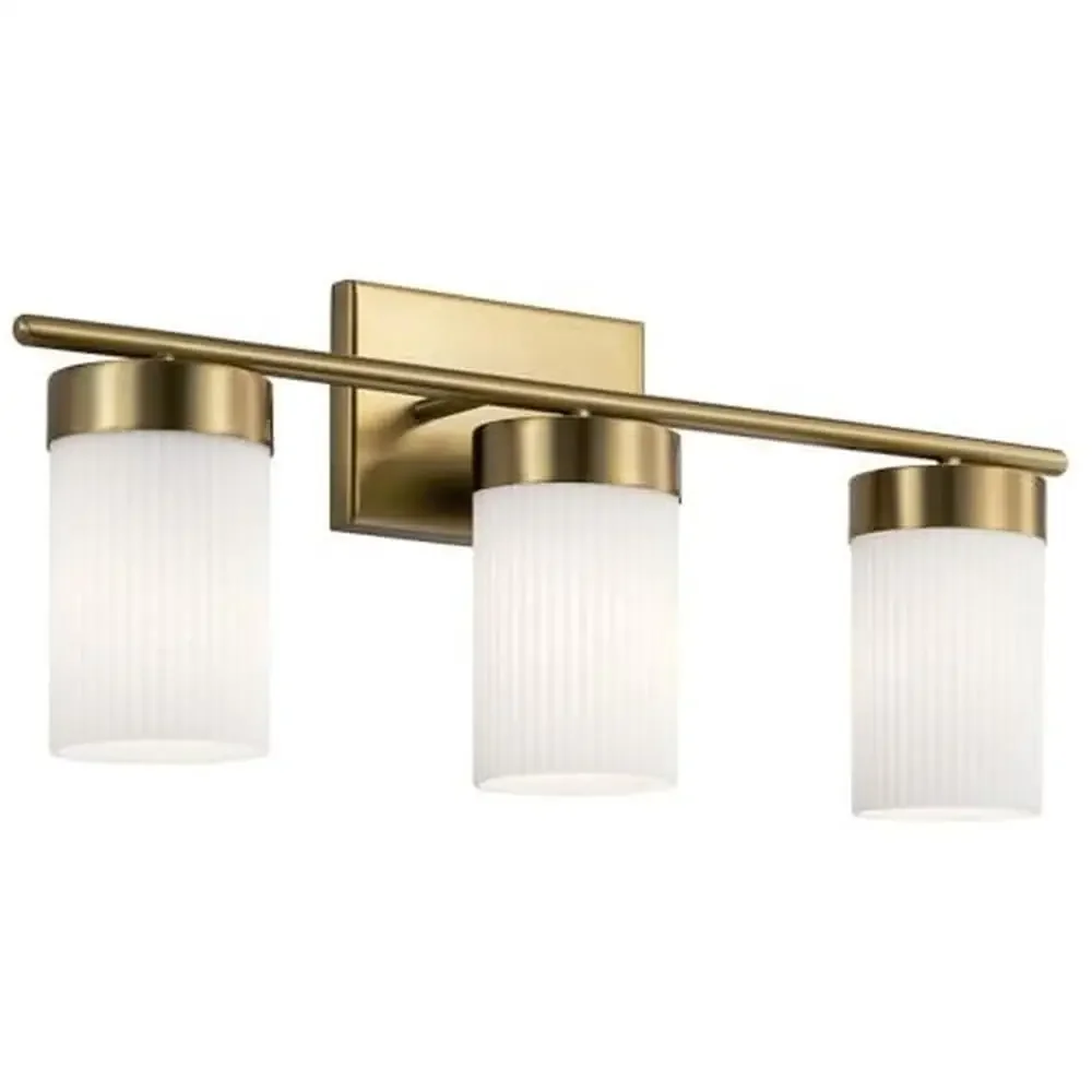 Ribbed Glass Vanity Light 3-Light Brushed Brass Sconce 24 inch IndustrialNodeType