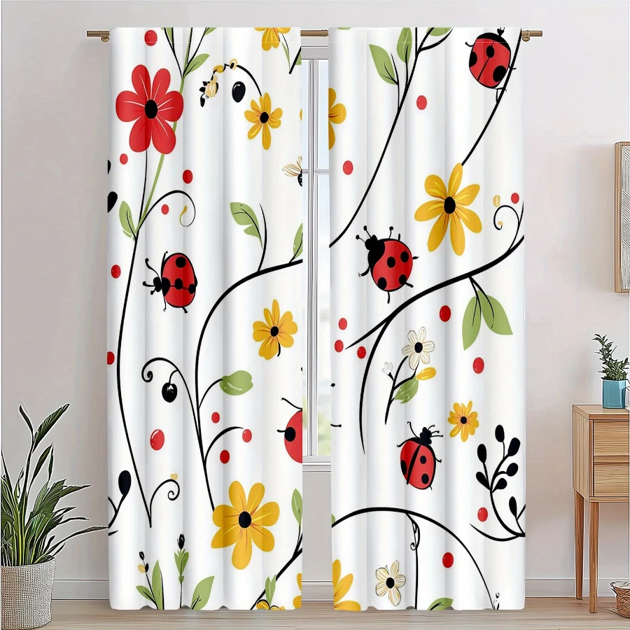 2PCS Digital Print  Curtain, Flower Vine Ladybug, Bohemian Style  Curtain Panel for Home Living Room Bedroom Decor