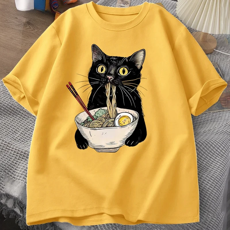 Nudel-Ramen-Katzen-T-Shirt, T-Shirts für Nudel-Fans, schwarzes Katzen-Nudel-T-Shirt, Retro-Freizeit-T-Shirt mit kurzen Ärmeln für Damen und Herren. – Detail 5
