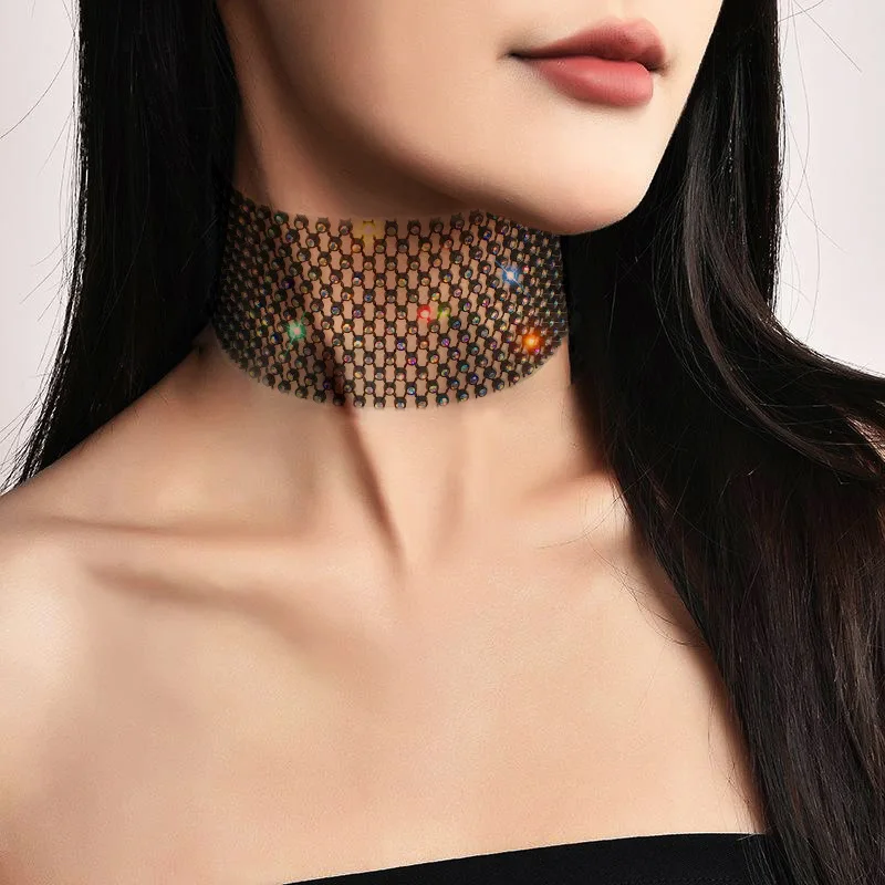 Europe And The United States New Collar Fishnet Rhinestone Personality Trend Necklace Hollow Exaggerated Punk Choker