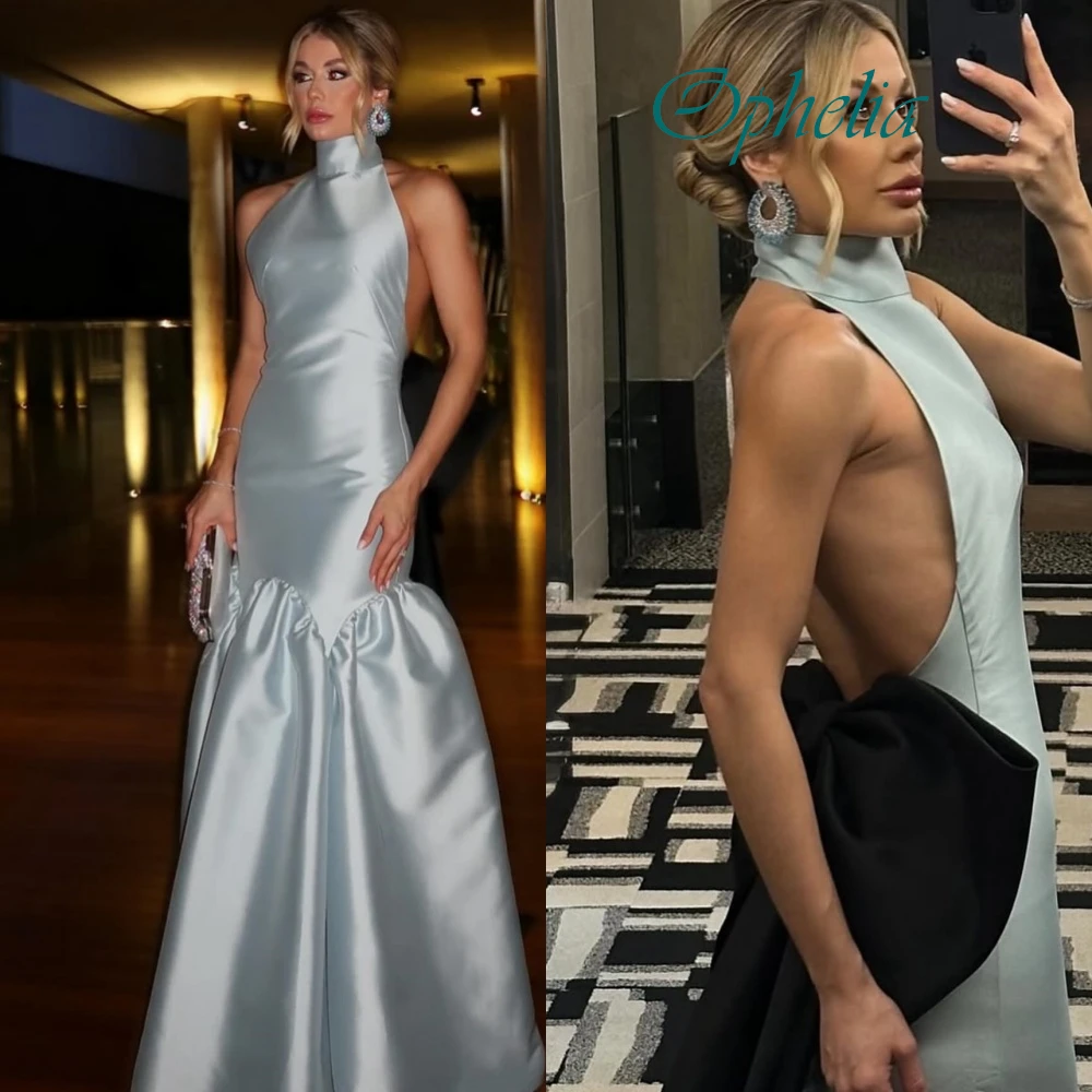 

Customized Elegant Halter Sleeveless Evening Dress High Quality Satin Prom Dresses Delicate Bow Contrast Color Party Gowns