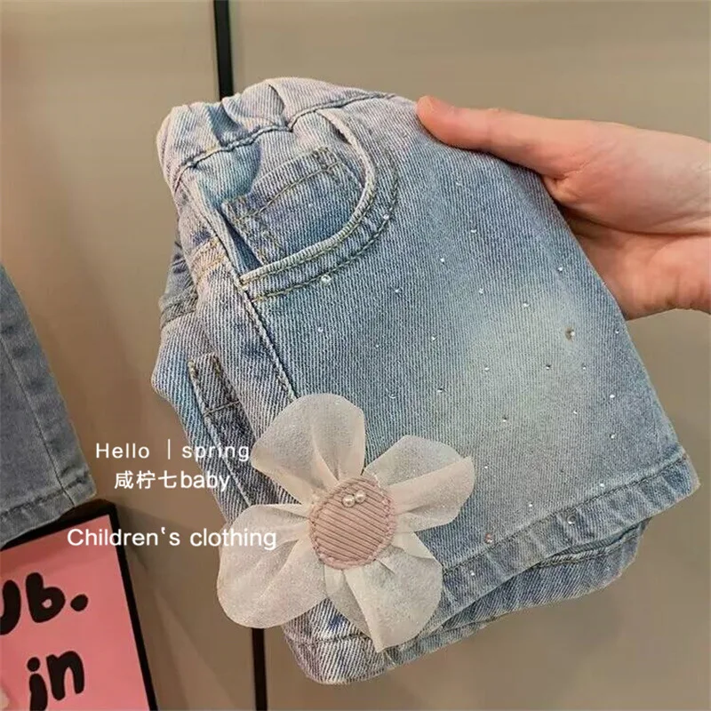 Girl Short Jean Girls Summer Jeans Children New Sparkly Diamond Pants Girls Treasure All Match Casual Flower Shorts Pant