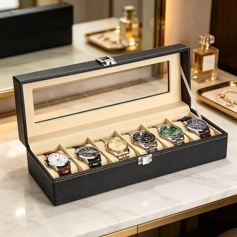 Luxury PU Leather Watch Box with Glass Top – Premium Display Case for Men's Watches, Multiple Slots, Ideal Gift Organizer