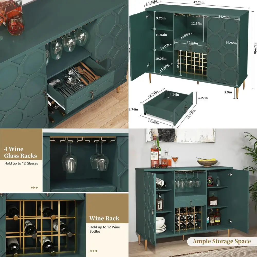 

Зеленый геометрический барный шкаф с полками для бокалов, хранения алкоголя и стеллажами для столовой и гостиной