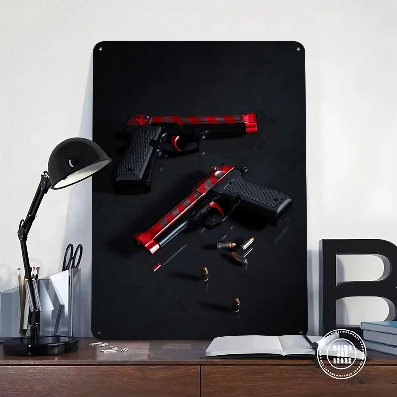 Pistols With Red and Black Plaid Pattern Metal Poster Customized Wall Art Retro Vintage Tinplate Signs for Setup Decorations