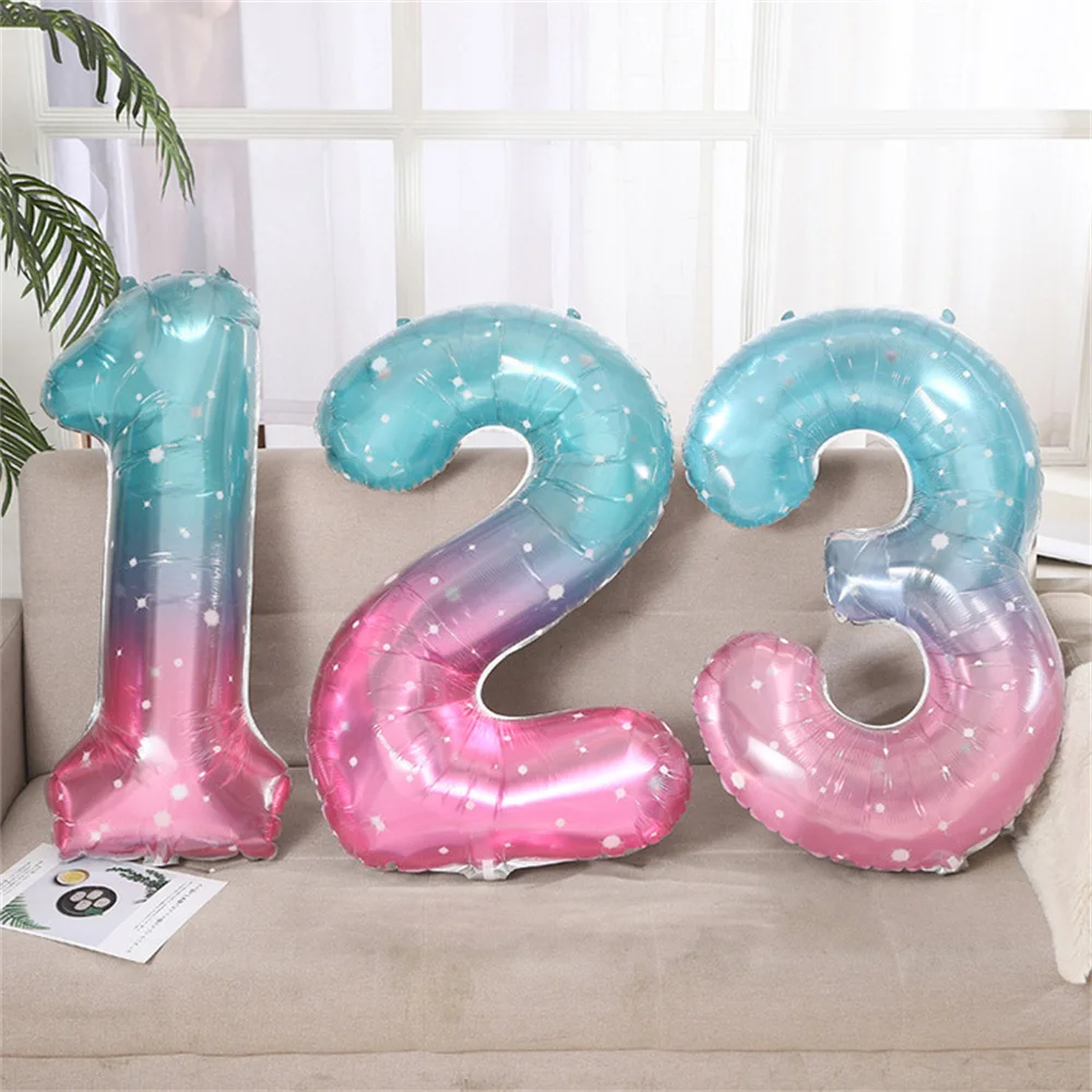 40Inch Rainbow Starry Sky Number Foil Balloons Giant Gradient Digital Balloon Kids Mermaid Birthday Party Decoration Helium Ball