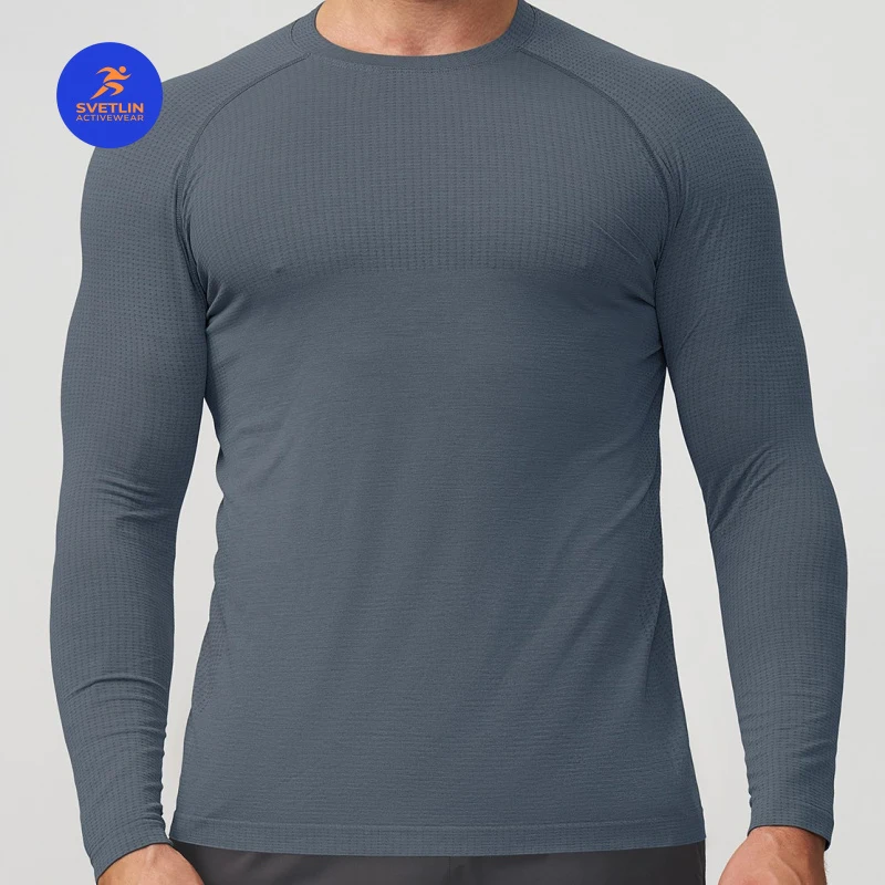 SVETLIN High Quality EU US Size Men Seamless Quick Dry Long Sleeve T-shirt Breathable Two-tone Base Layer Top for Fitness Yoga
