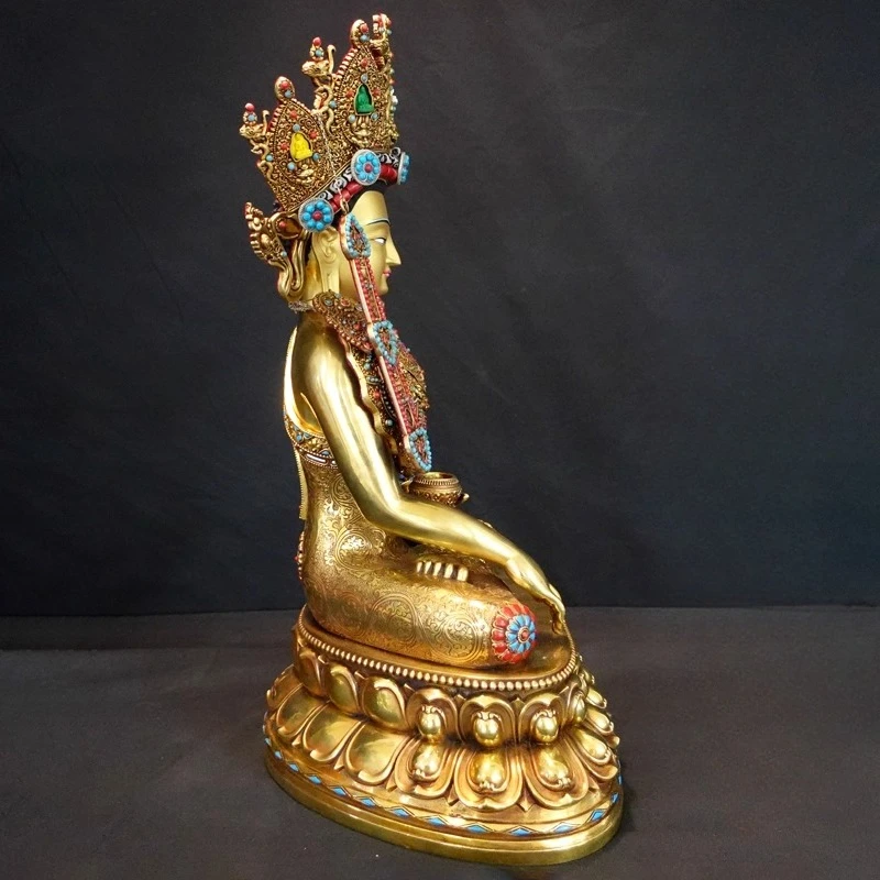 Nepal Tibet Craft Pure Copper Engraved Tibetan Buddhist Golden Jowo Buddha Statue