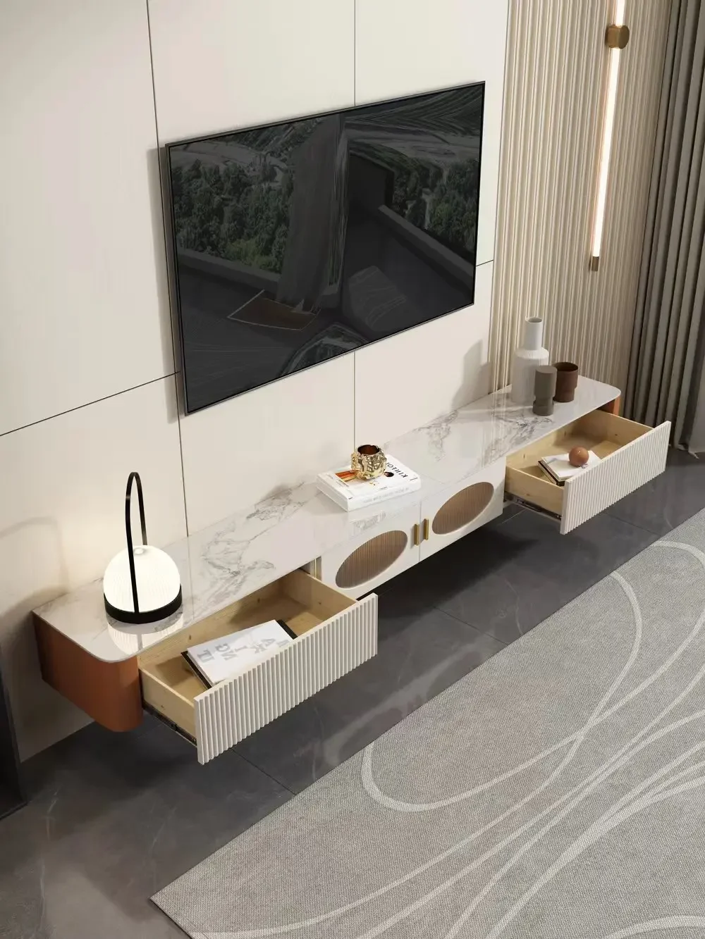 

Small apartment suspended rock panel TV cabinet, coffee table combination simple modern light luxury minimalist suspended floor