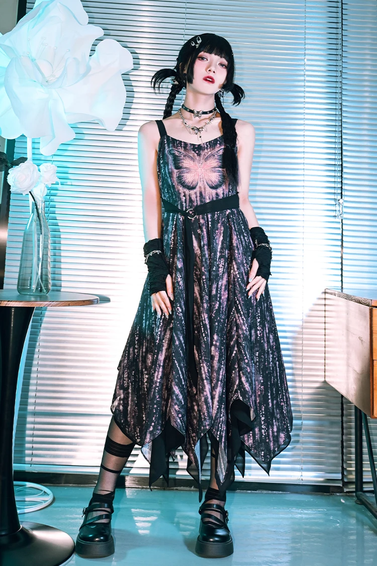 Doce legal dupla camada chiffon borboleta impressão irregular longo suspender vestido menina verão nova cintura alta a linha vestidos de lazer