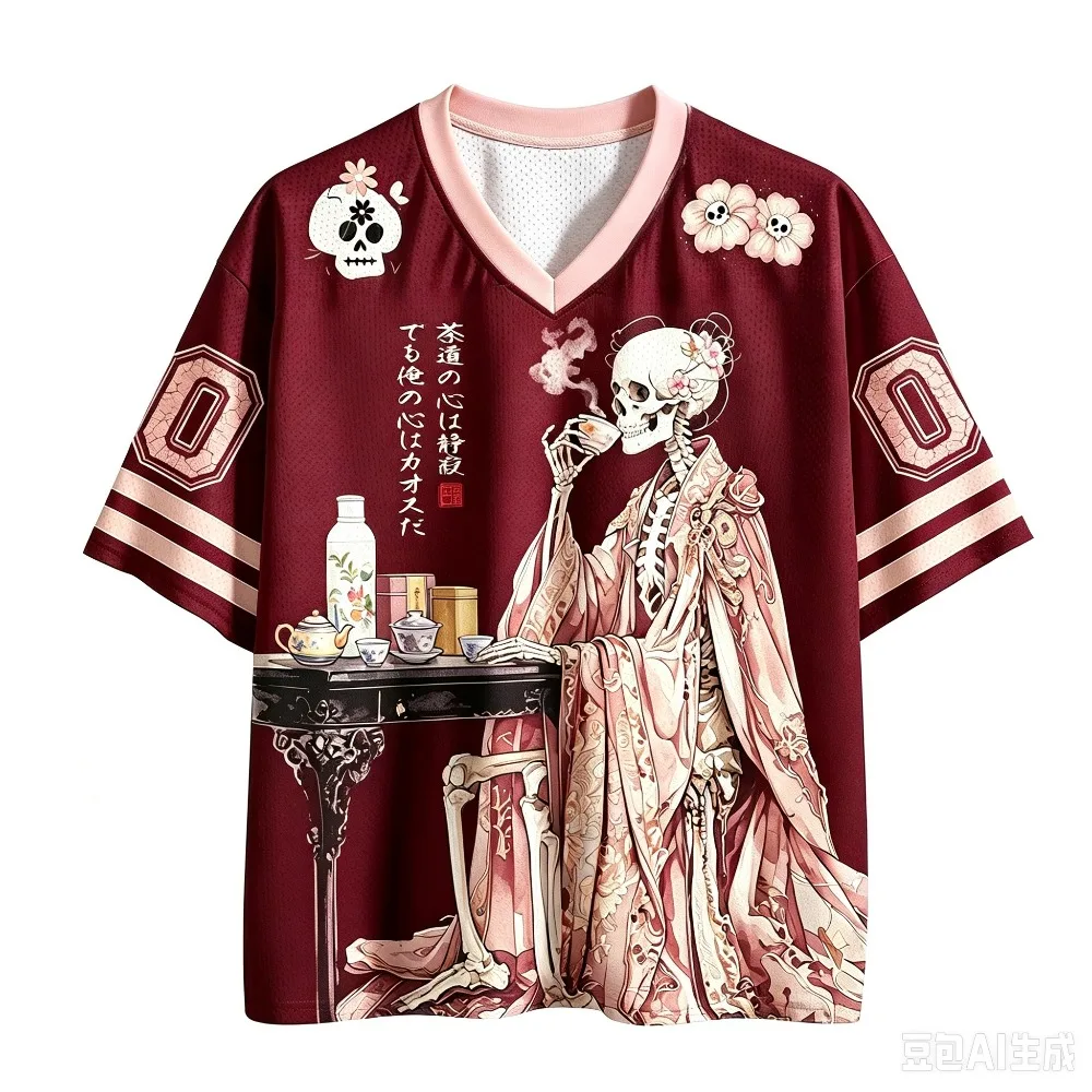Japanese-style Retro Skull Tea-drinking 3D Print Sports Quick-dry Men Women Vneck Loose Tshirt Fashionable Street Parental Cloth