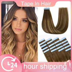 PLADIO Tape in Hair Extensions Human Hair Highlight Seamless Double Side Skin Weft PU Invisible Tape Ins Remy Virgin Hair 14-22