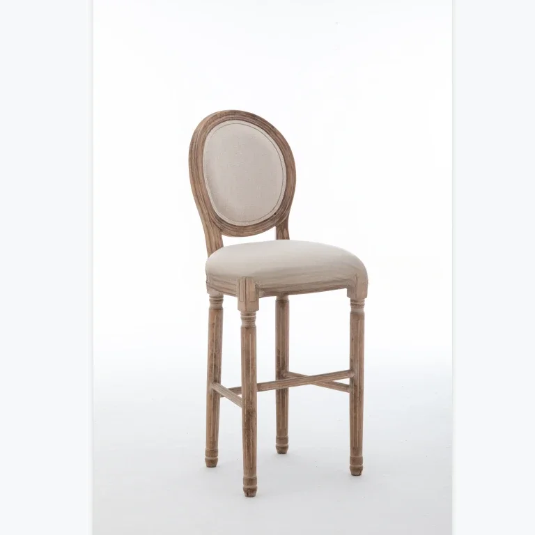 Tabouret de bar Louis en bois massif, tissu de lin beige, brossé vieilli