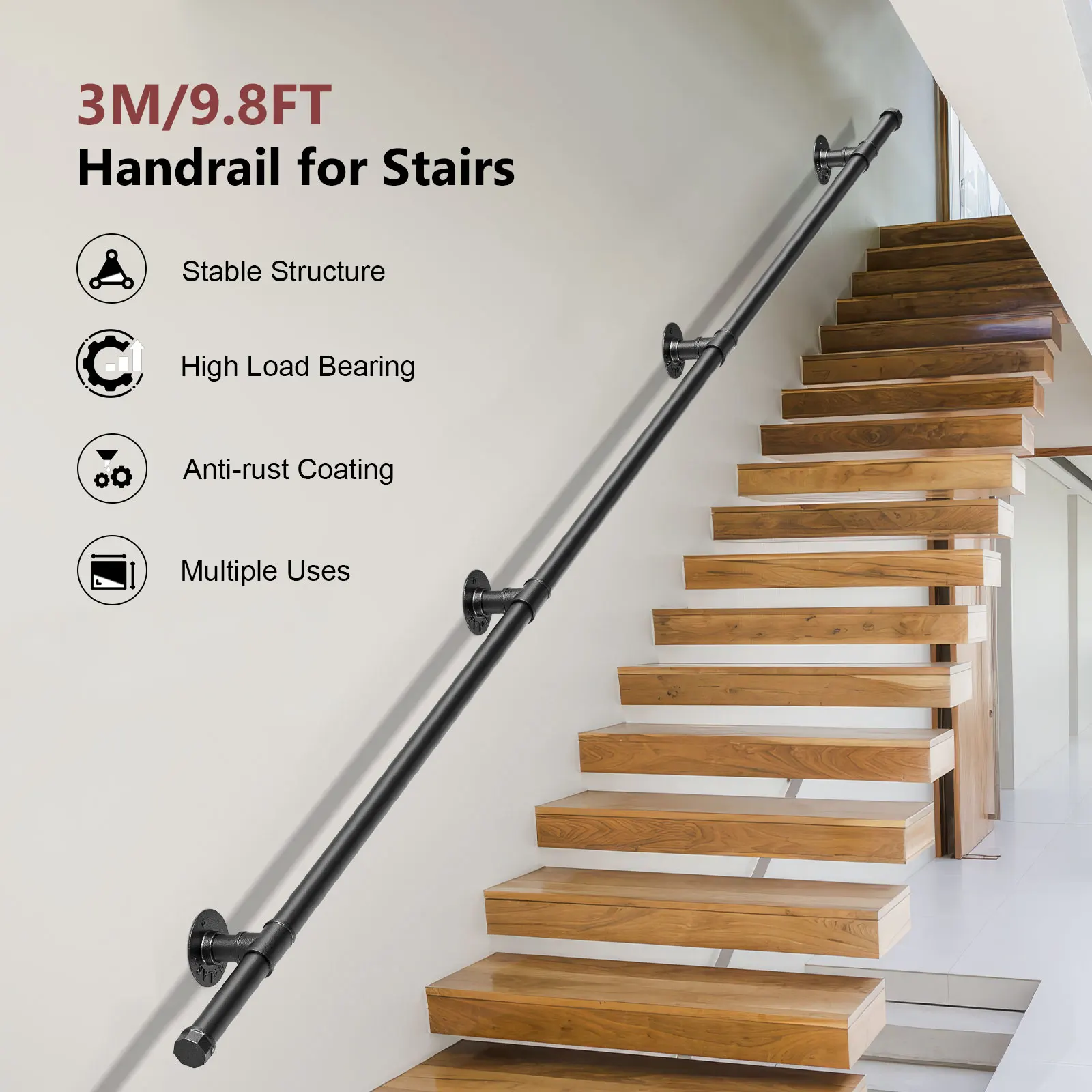 Pasamanos de hierro Industrial para escaleras, montaje en pared de 3M/9,8 pies, tubería negra de acero inoxidable, para escaleras interiores,