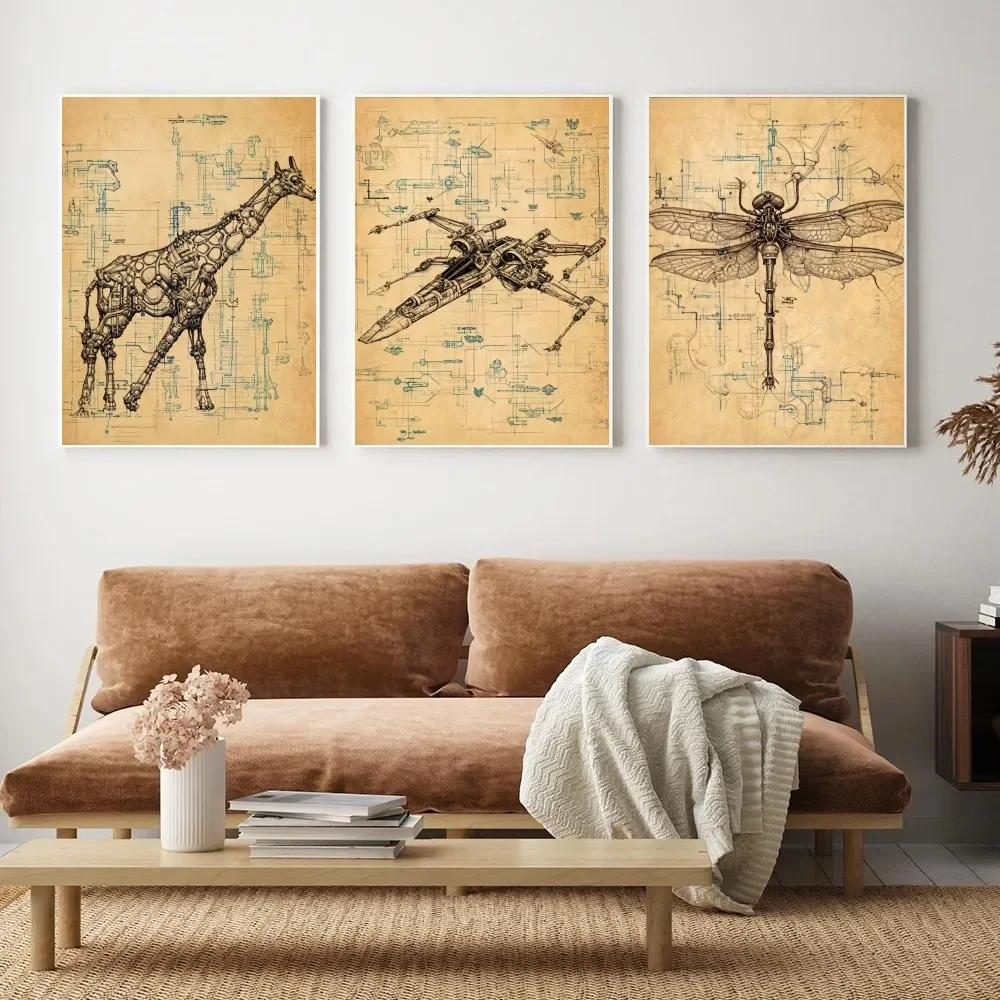 Retro Animal Mechanical Diagram Anatomy Piranha Butterfly Spider Retro Print Poster Paper Sticker Home Living Room Wall Decor