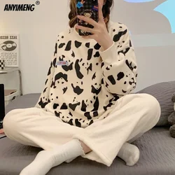 Cute Panda Printing Korean Kawaii Winter Women Pajamas Flannel Homesuits Pullover Long Sleeves Nightwear Teddy Sleepwear Pijamas