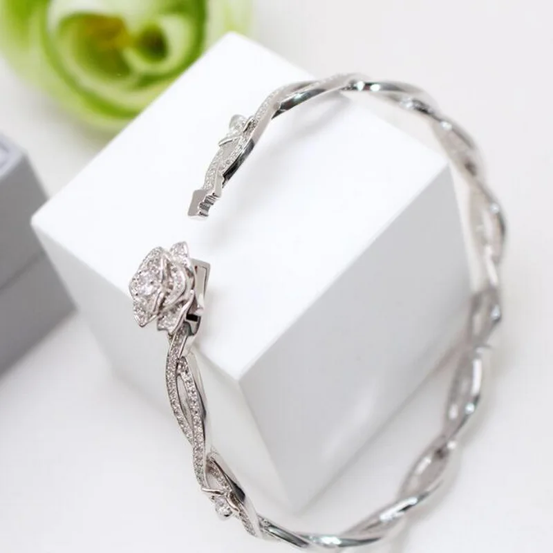 Europe America Designer Collection Style Women Lady Silver Color Settings Full Cubic Zircon Vine Flower Bangle Bracelet