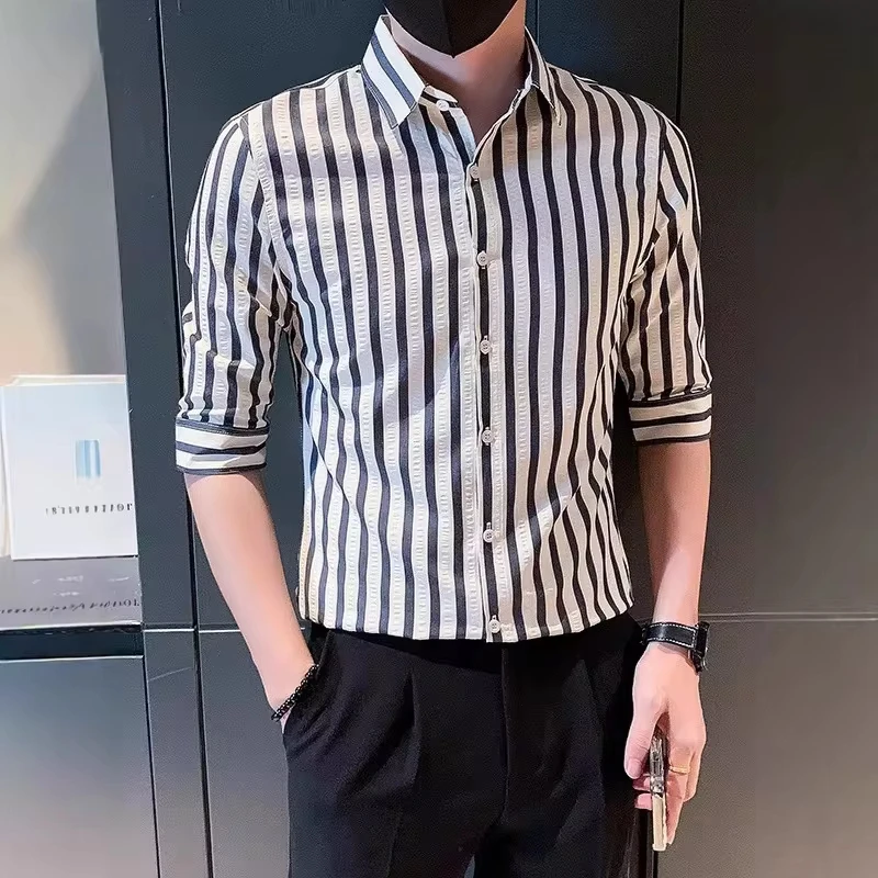 

Summer New Fashion American Men's Casual Trendy Single-breasted Turn-down Collar Half Sleeve Striped Sirts Male Clothes Tops