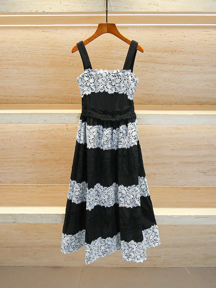 

High-End Lace Splice ort Strapl Dr French Sle High Waist A-Line Skirt Summer New Arrival Women's Clothing