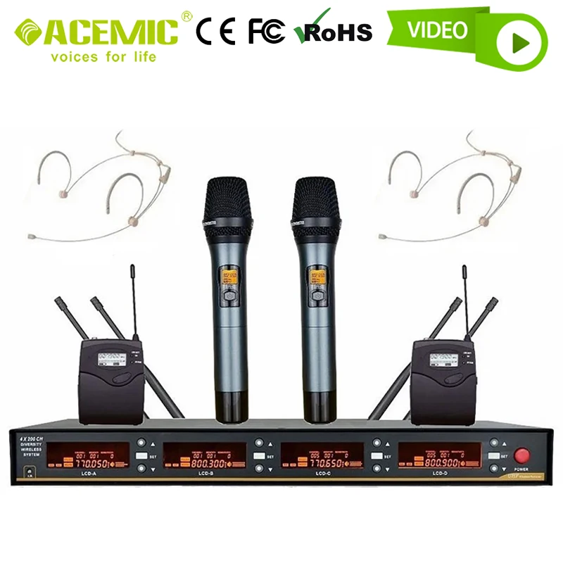 

4 Channel Wireless Microphone System Professional UHF Quad Mic Handheld Headset Lavalier Vocal for Karaoke Church Stage Singing