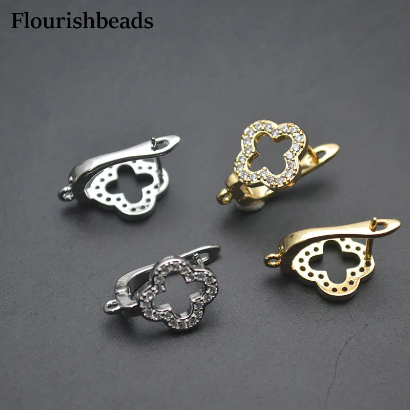 30pc High Quality Gold Silver Color CZ Beads Paved Clover Flower Shape Earring Hook Leverback Clasps For DIY Jewelry Making