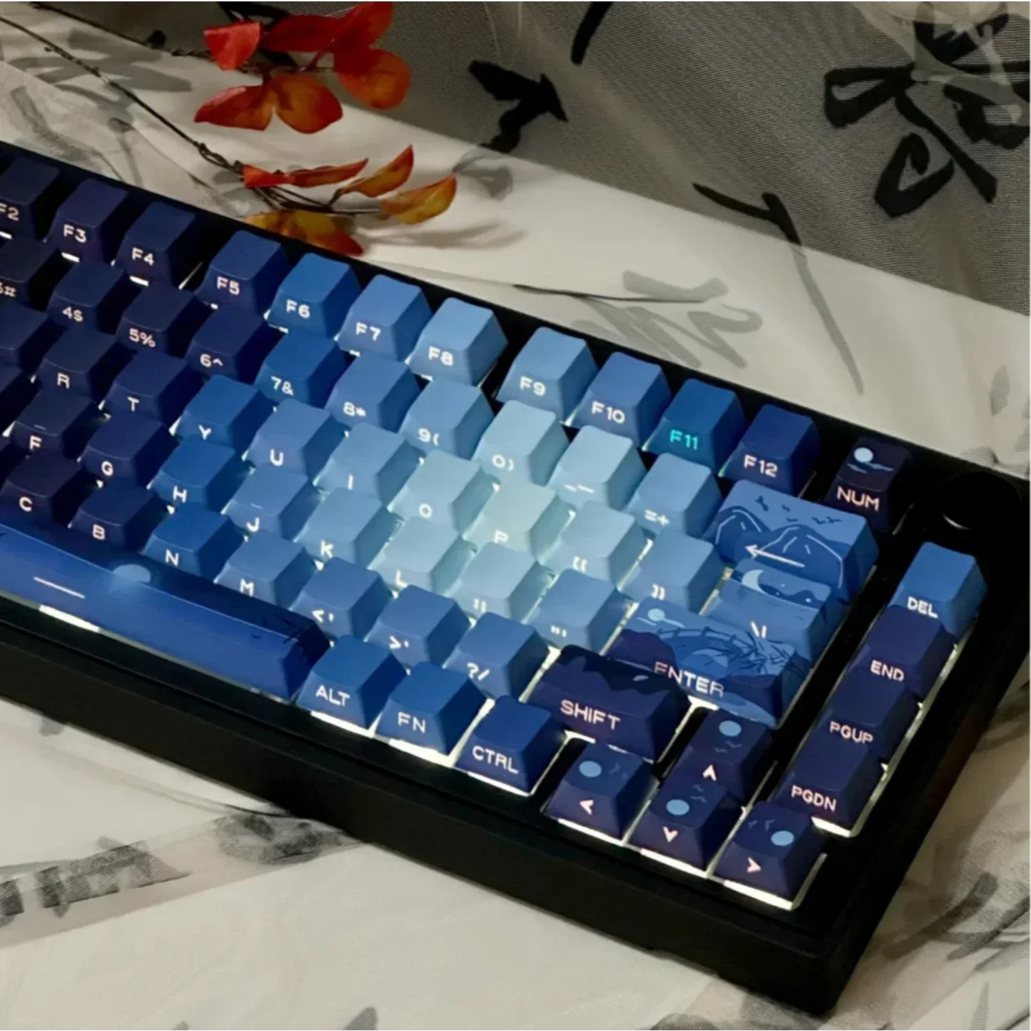 Bright Moon Thousand Miles Cherry Keycaps PBT Blue Side Engraved Translucent for 60/84/90/104/108 Mechanical Keyboards