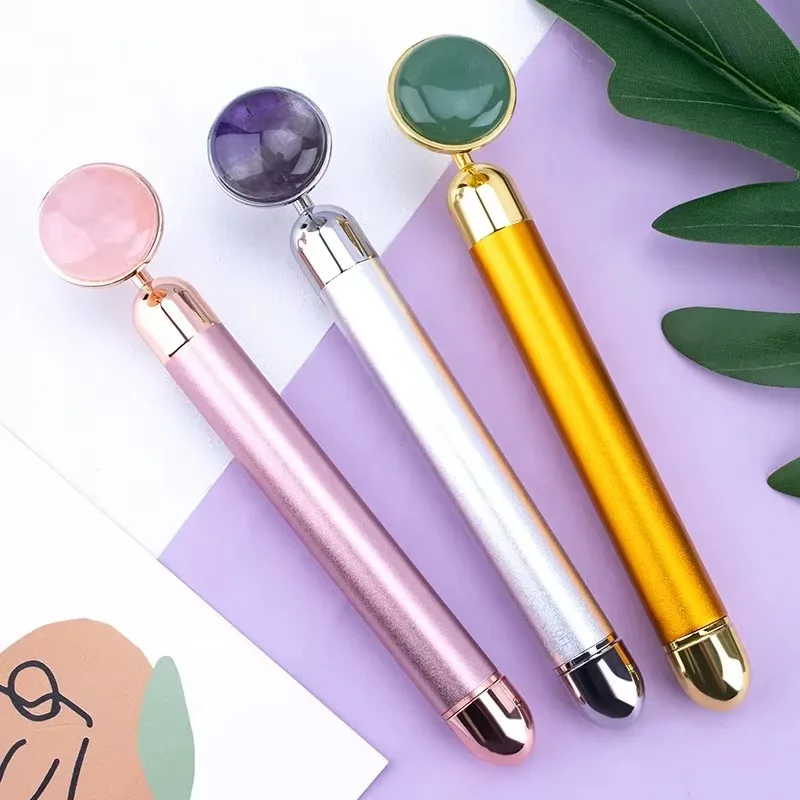 โรสควอตซ์ธรรมชาติ เครื่องนวดหน้าไฟฟ้า ลูกกลิ้งหยก บำรุงผิวหน้า นวดสั่นสะเทือน สำหรับใบหน้า คอ ลำตัว เครื่องมือเสริมความงาม ยกกระชับ ลดสัดส่วน