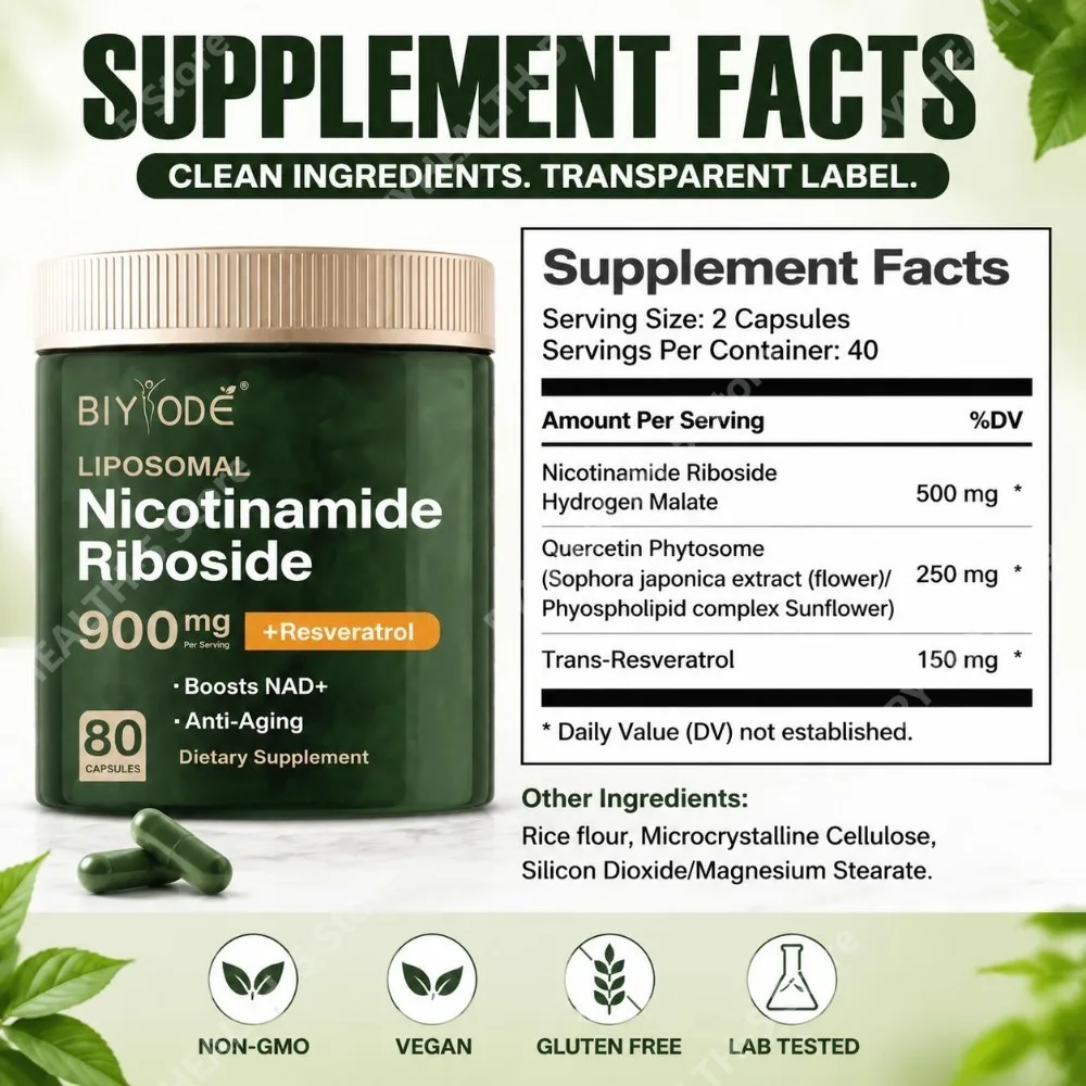 BIYODE Liposomal Nicotinamide Riboside Capsules with NAD+ Boost and Quercetin Phytosome and Trans-Resveratrol 80 Capsules