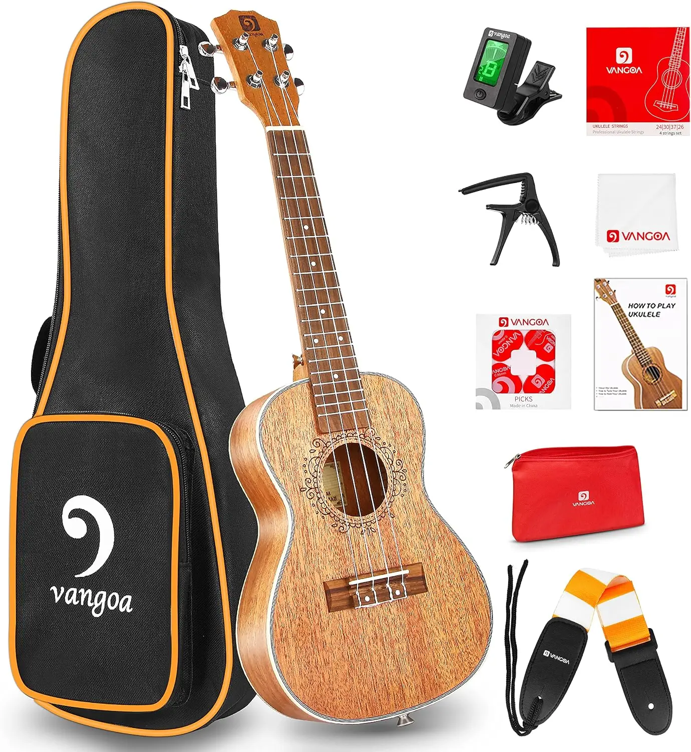 Concert Ukulele Bundle, 23-Inch Mahogany Wooden Hawaiian 4-String Starter Uke Kit for Beginners, Adults and Professionals