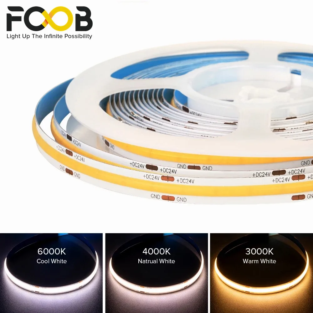 FCOB LED 스트립, 고밀도 유연한 FOB RA90 따뜻한 자연 차가운 흰색 선형 조도 조절 가능, 5m 320LED/m, 12V 24V