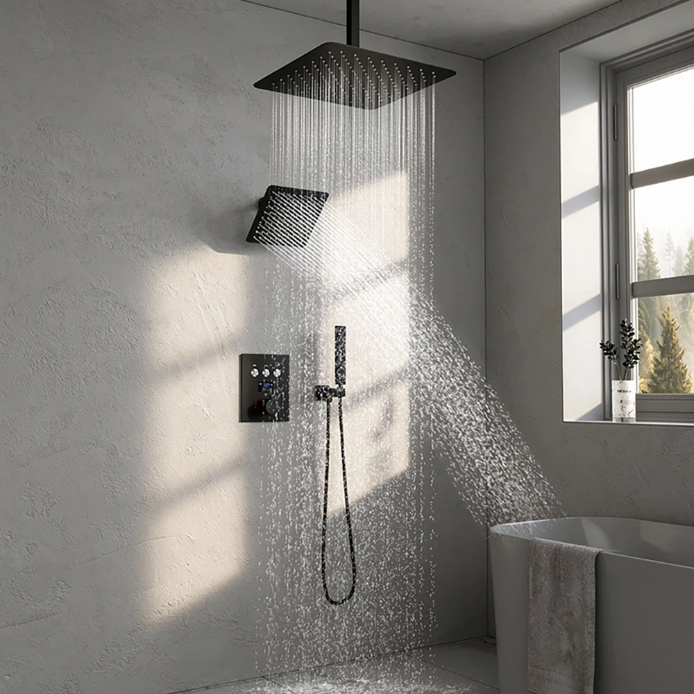 Modern Matte Black Concealed Shower Faucet System Wall Mounted Thermostatic Digital Rain Shower Set Ceiling Top Spray Body Jets