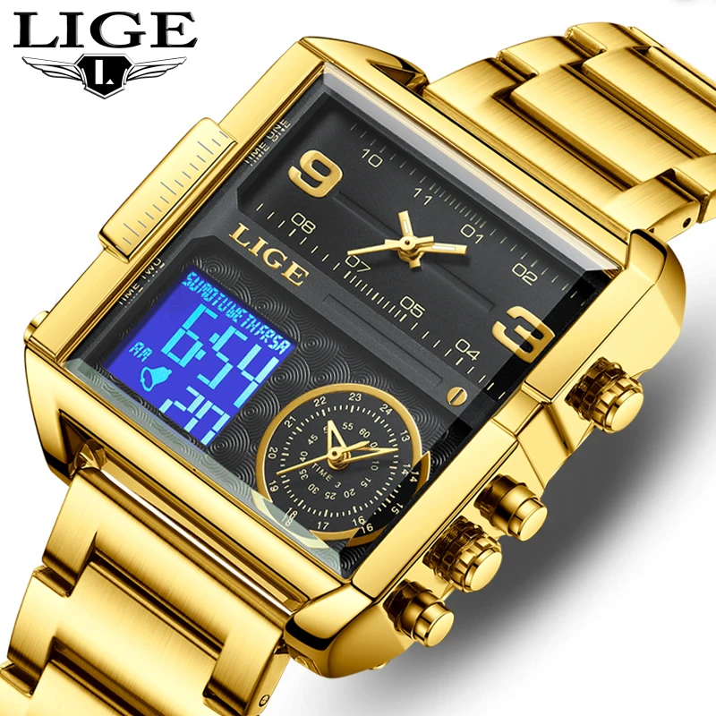 LIGE Luxury Chronograph Watch Men Stainless Steel Dual Display Clock Quartz Wristwatches Waterproof Military Sports Male Watches