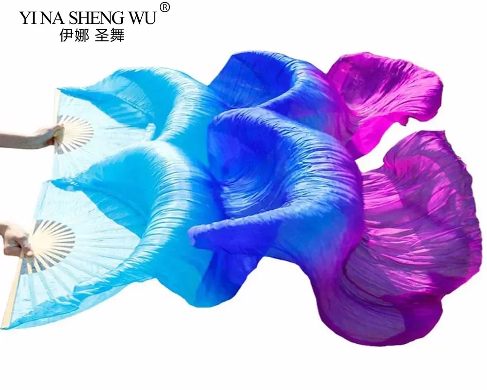 1 زوج الحرير الحقيقي الرقص المشجعين الخيزران الأضلاع مرحلة الأداء الدعائم مصبوغ المشجعين النساء الرقص الشرقي الحرير المشجعين الفيروز + الأزرق الملكي + الأرجواني #5
