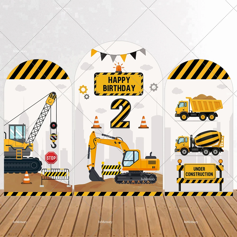 Boys Construction Theme Birthday Party Arch Backdrop Cover Yellow Black Warning Strips Excavator Truck Photography Background