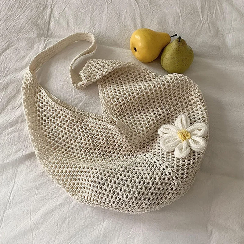 

Fashion Women's Woven Bag Large Capacity Crochet Flower Beach Bag Elegant Woven Handbag Knitted Net Pocket Underarm Women's Bag