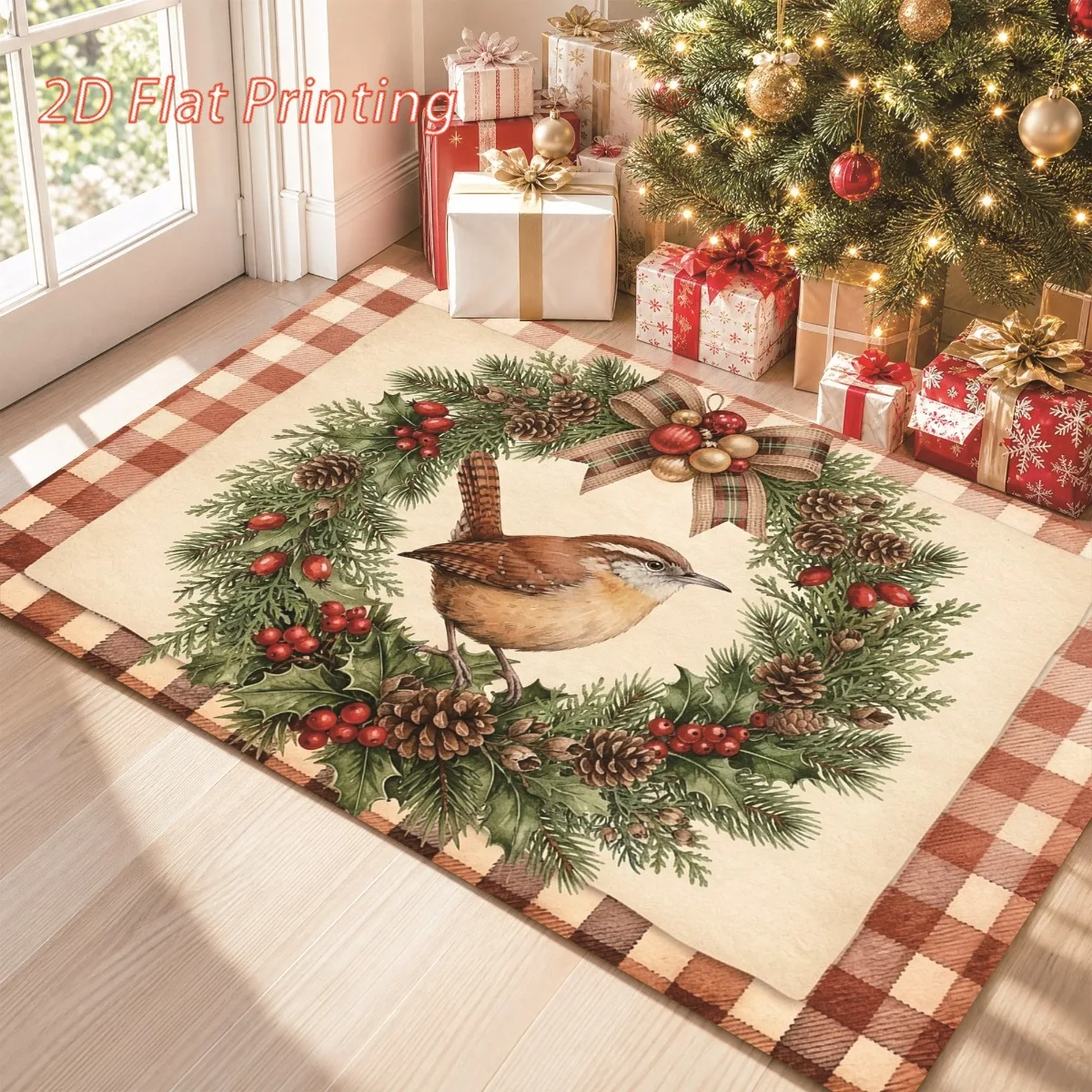 1pc Christmas‑Wreath‑Bird‑Fruit‑Pinecone‑Plaid‑Border‑Print Area Rug, 2D Flat Print, Soft Flannel Floor Mat for Shower, Bathtub