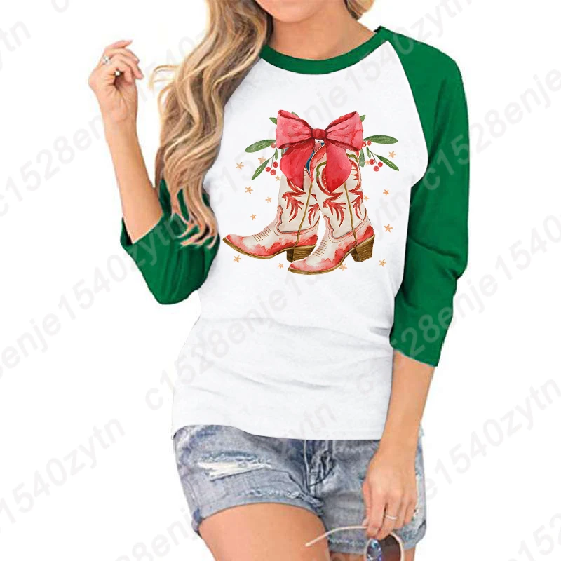 Christmas Boots Bow Print T-Shirts Women Seven Sleeves Shirt Funny Round Neck Three Quarter Sleeve Shirt Casual Loose Summer Top