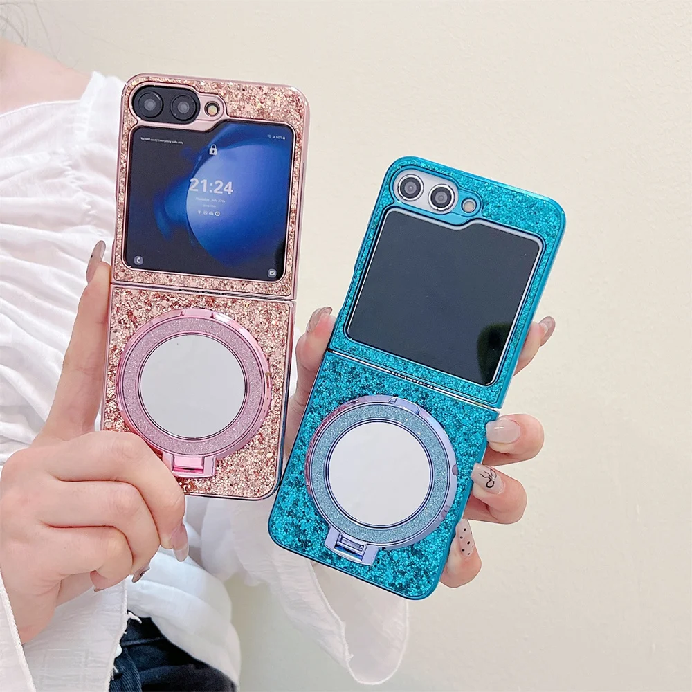 Glitter Mirror Magnetic Bracket Case for Samsung Galaxy Z Flip 5 6 Magsafe Case Plating Bling PC Cover for Samsung Z Flip 3 4 5G