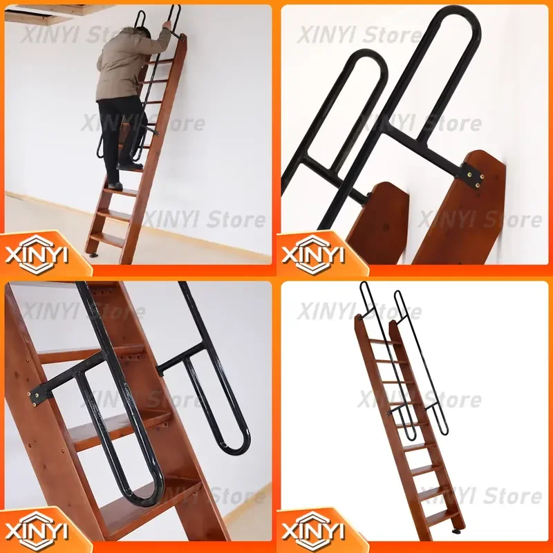 Solid Wood Loft Stairs with Handrails for Mobile Climbing Home Ladder Straight Indoor Thickened Wood Ladder Factory Direct